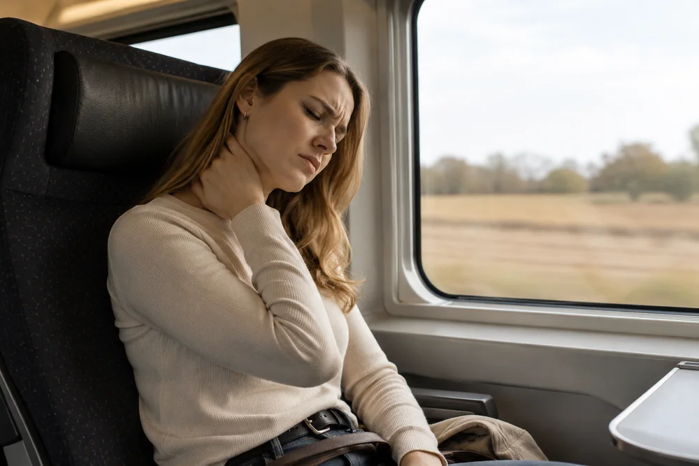 Una viaggiatrice su un sedile del treno, una mano sul collo dopo un lungo tragitto