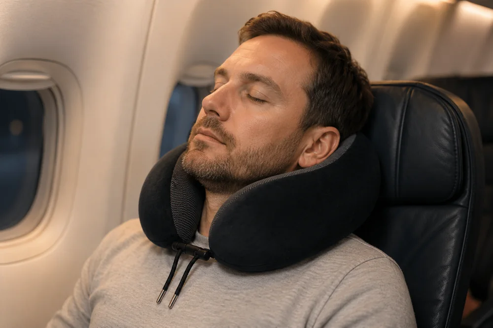 Cuscino da viaggio a U intorno al collo su un sedile di aereo