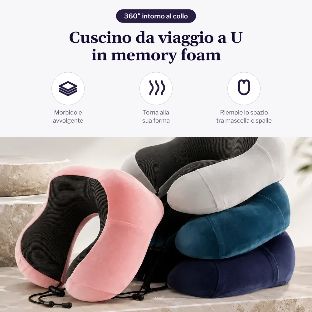 I cuscini da viaggio nei loro colori, con le caratteristiche del modello